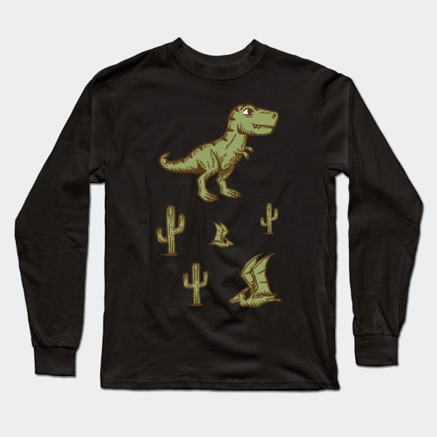 Vintage cute Trex & pterodactyl with Cactuses Long Sleeve T-Shirt by lightsonfire